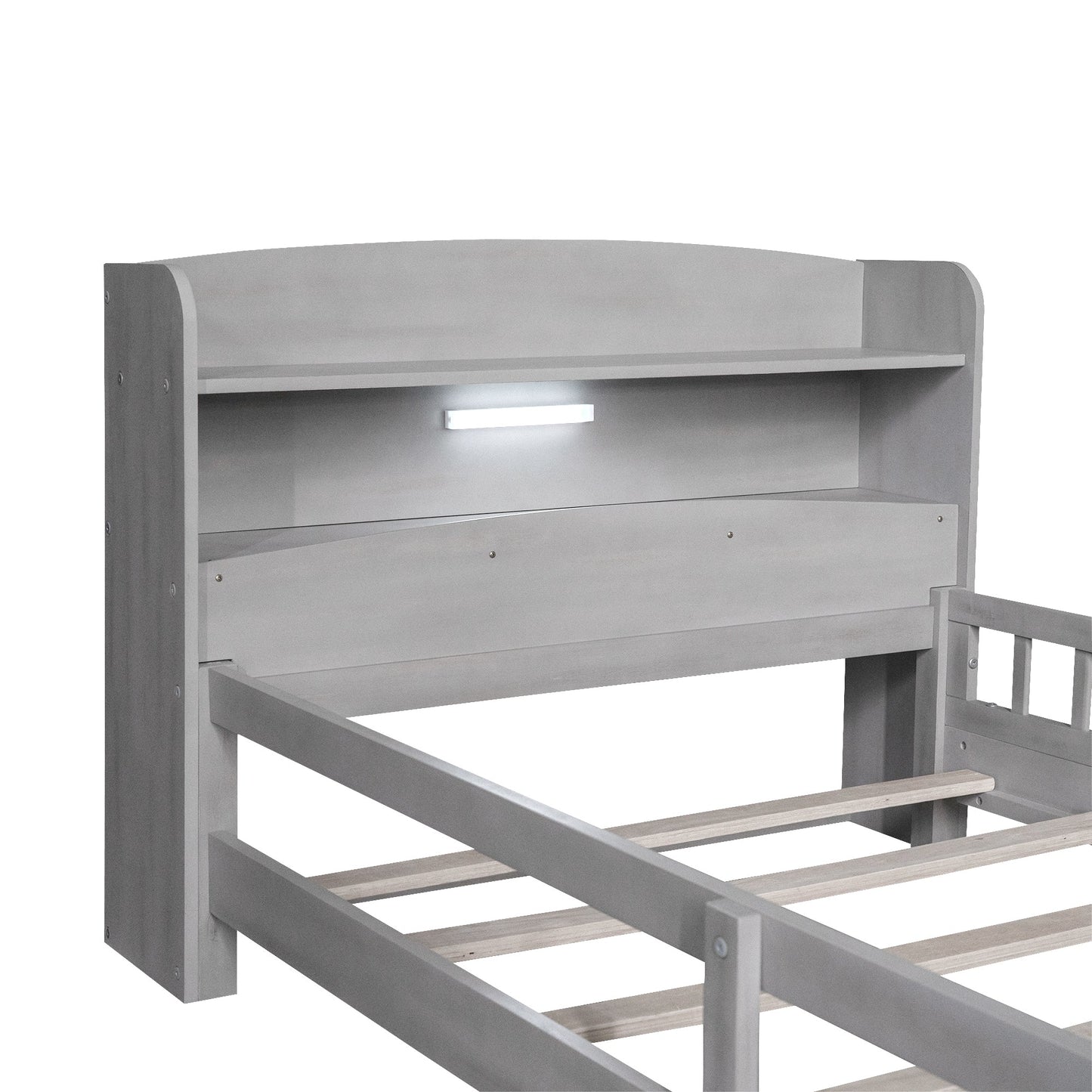 Wood Twin Size Platform Bed with Built-in LED Light  Storage Headboard and Guardrail Antique Grey - Korvel