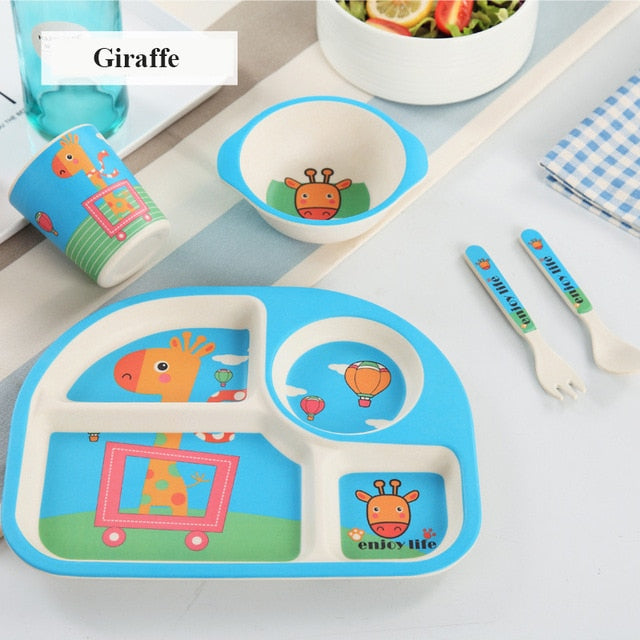 5pcs/set Baby Dinnerware Bamboo Fiber Children Tableware Set Plate Dishes Bowl With Spoon Cartoon Feeding Set Food Container - Korvel