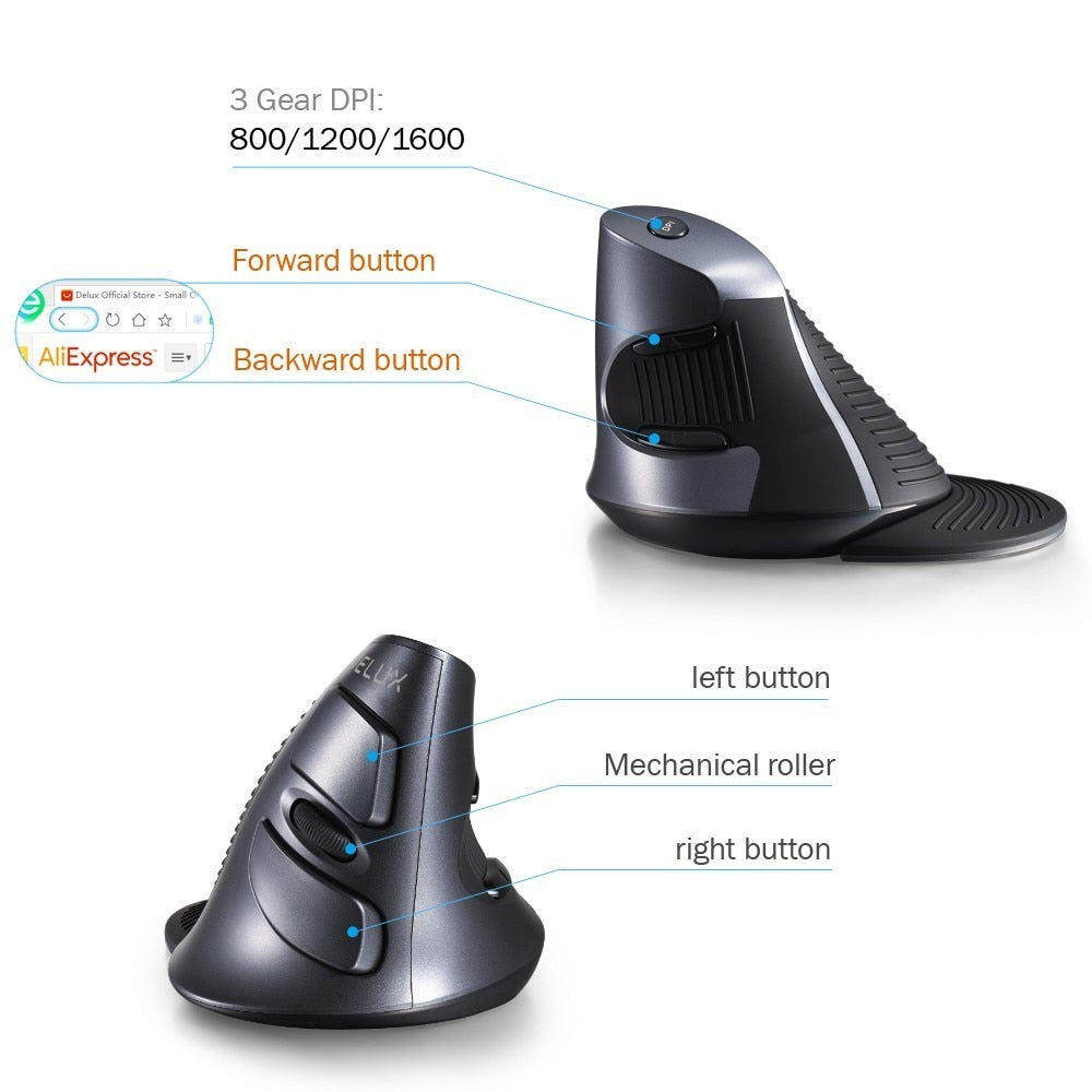 Delux M618GX Ergonomic Vertical Wireless Mouse 6 Buttons 1600DPI Optical Mouse With 3 Colors Silicon Rubber Case For PC Laptop - Korvel