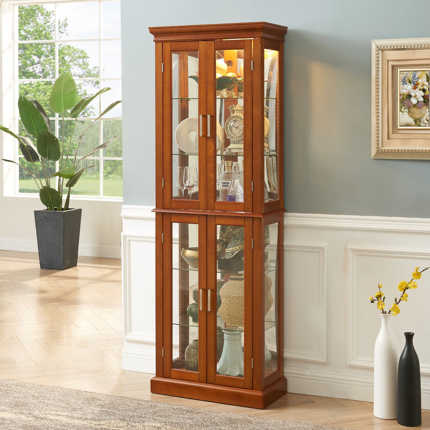 Elegant Walnut Lighting Curio Cabinet with Adjustable Shelves