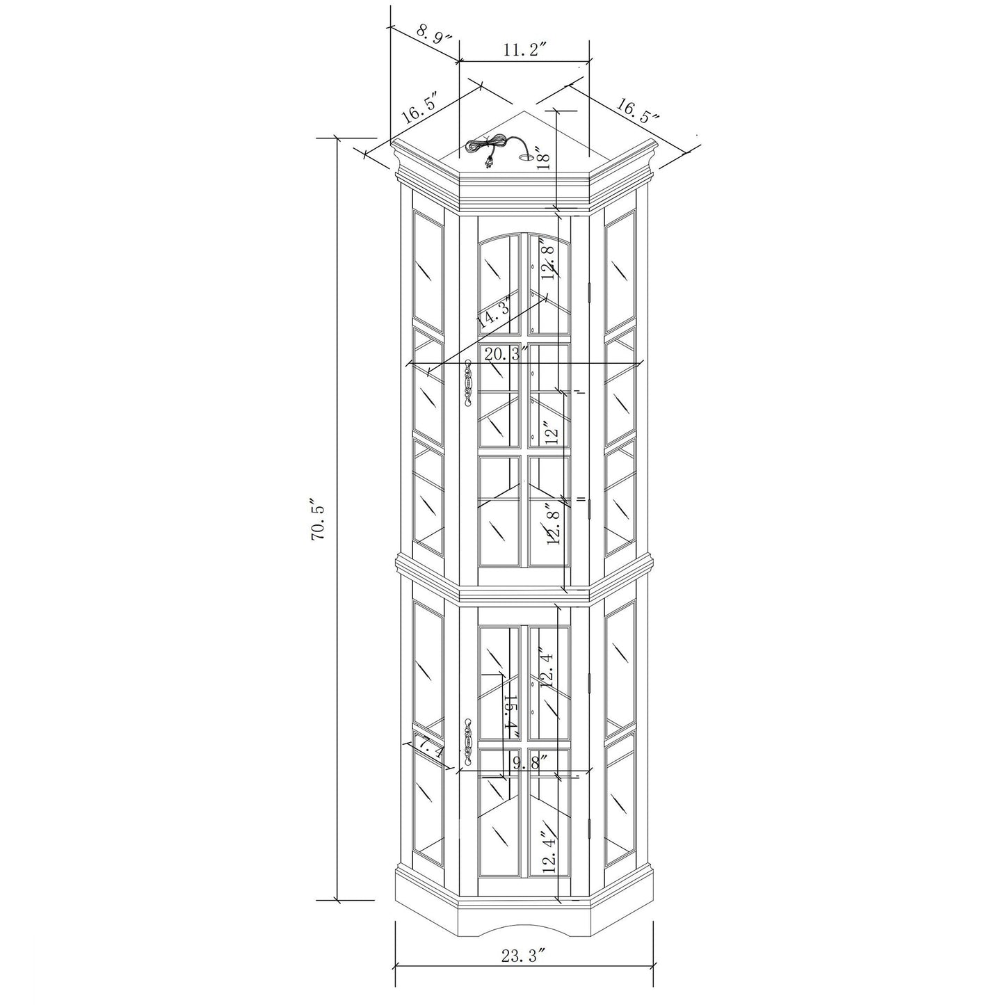 Corner Curio Cabinet with 5 Shelves and Lighting System, Walnut(E26 light bulb not included) - Korvel