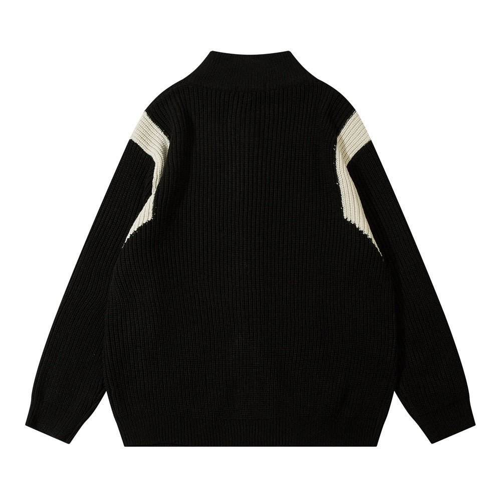 Color Block Zipper Cardigan Sweater Men's Autumn Street Style Stand Collar Long Sleeve Loose Knitwear - Korvel