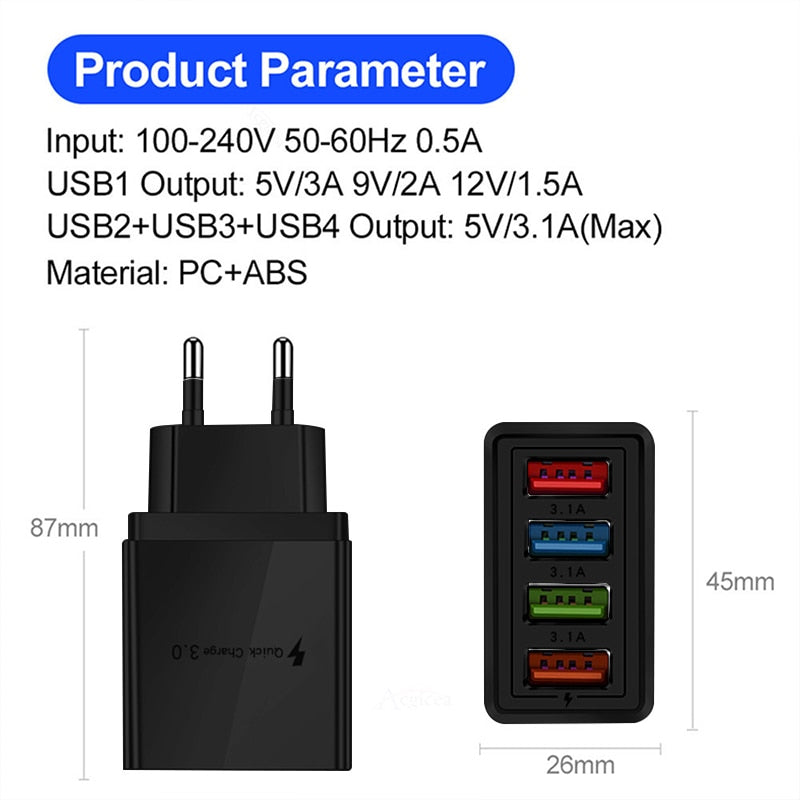 3.1A 4usb Mobile Phone Charger Travel Charger Charging Plug European Regulation Charging Head Charging Plug - Korvel