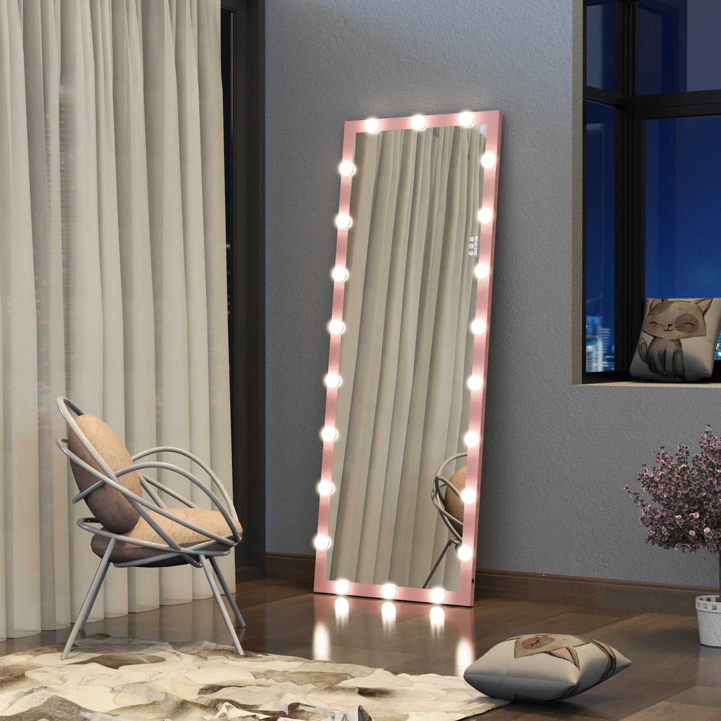 62.6-inch x 23.3-inch pink Hollywood illuminated full body vanity mirror with 3 color modesstanding floor mirror touch control - Korvel