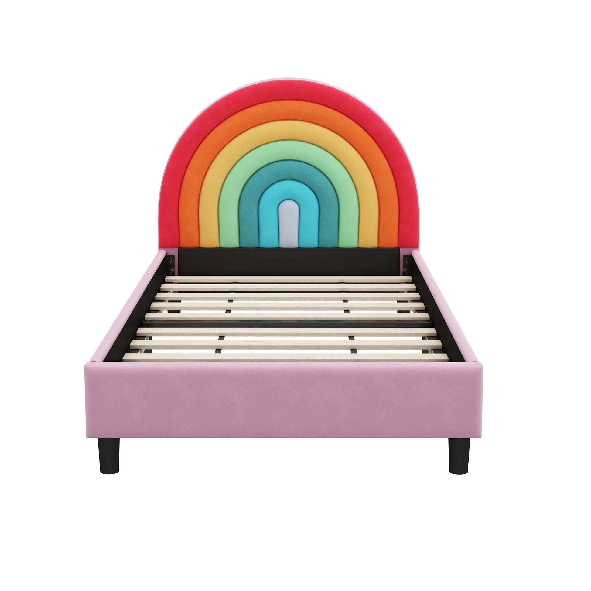 Rainbow Design Upholstered Twin Platform Bed Cute Style Princess Bed for Boys & Girls, Teens, Colorful & Pink - Korvel