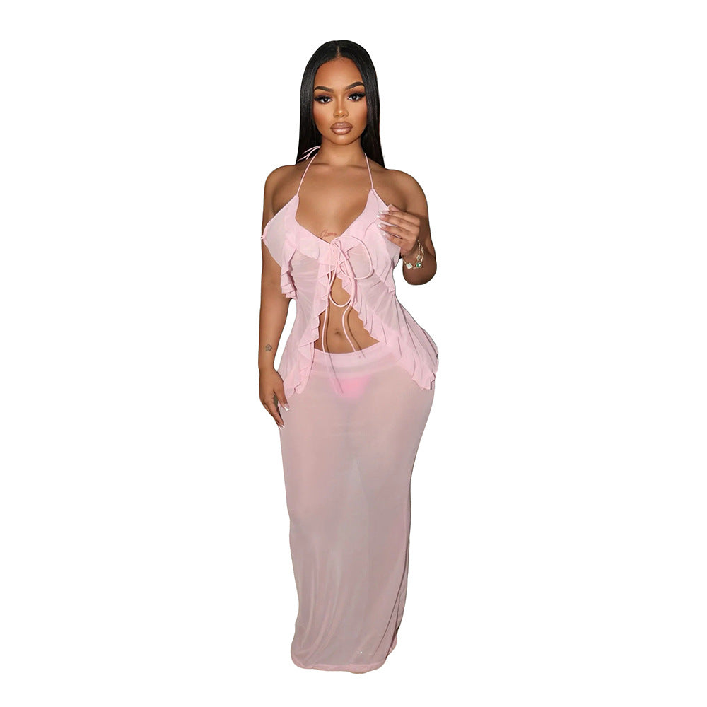 Sexy Transparent Set with Belted Sleeveless Cardigan and Fashionable Long Skirt Two-Piece Set for Women - Korvel