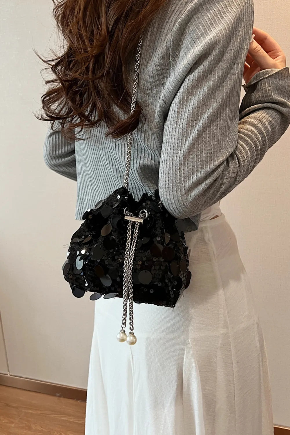 Drawstring Sequin Crossbody Bag - Korvel
