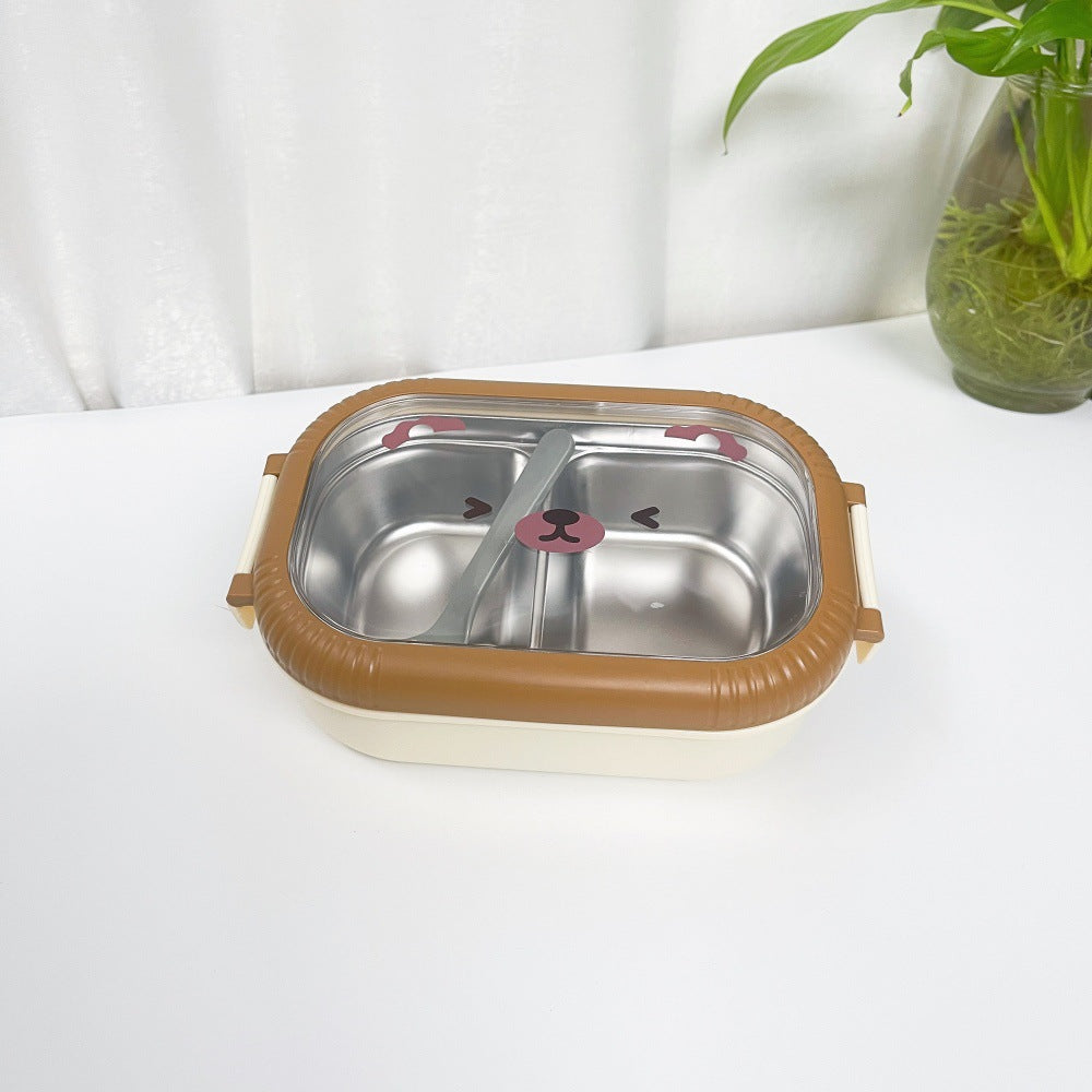 Cartoon cute bear stainless steel portable compartment lunch box with lid - Korvel