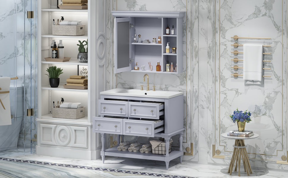36'' Bathroom Vanity with Medicine Cabinet, Modern Mirror Cabinet with Adjustable Shelf, Bathroom Storage Cabinet with 4 Drawers - Korvel