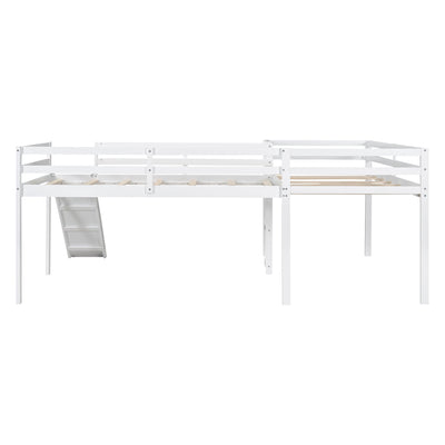 L-Shaped Twin Size Loft Bed with Ladder and Slide - White