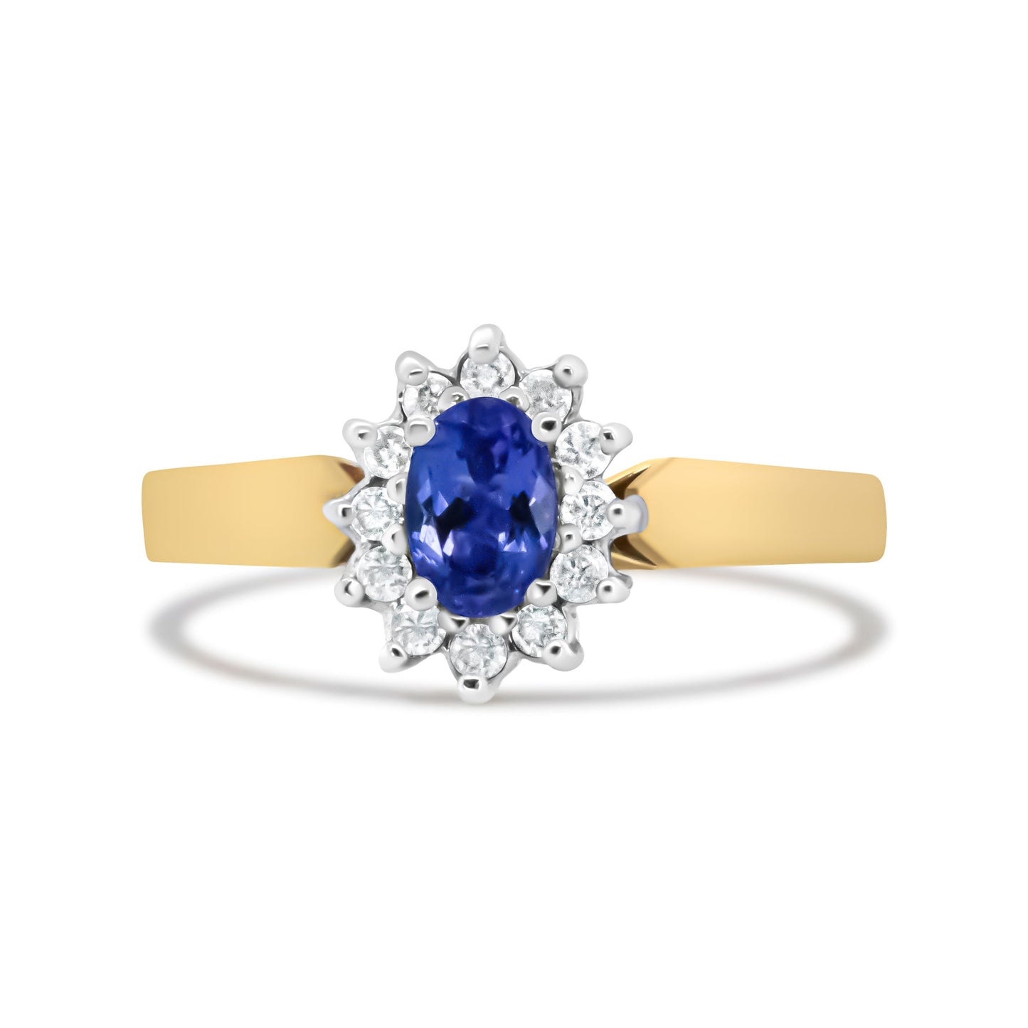 Bague Halo en Diamant et Tanzanite Bleue en Or Jaune 14K - Taille 7.75