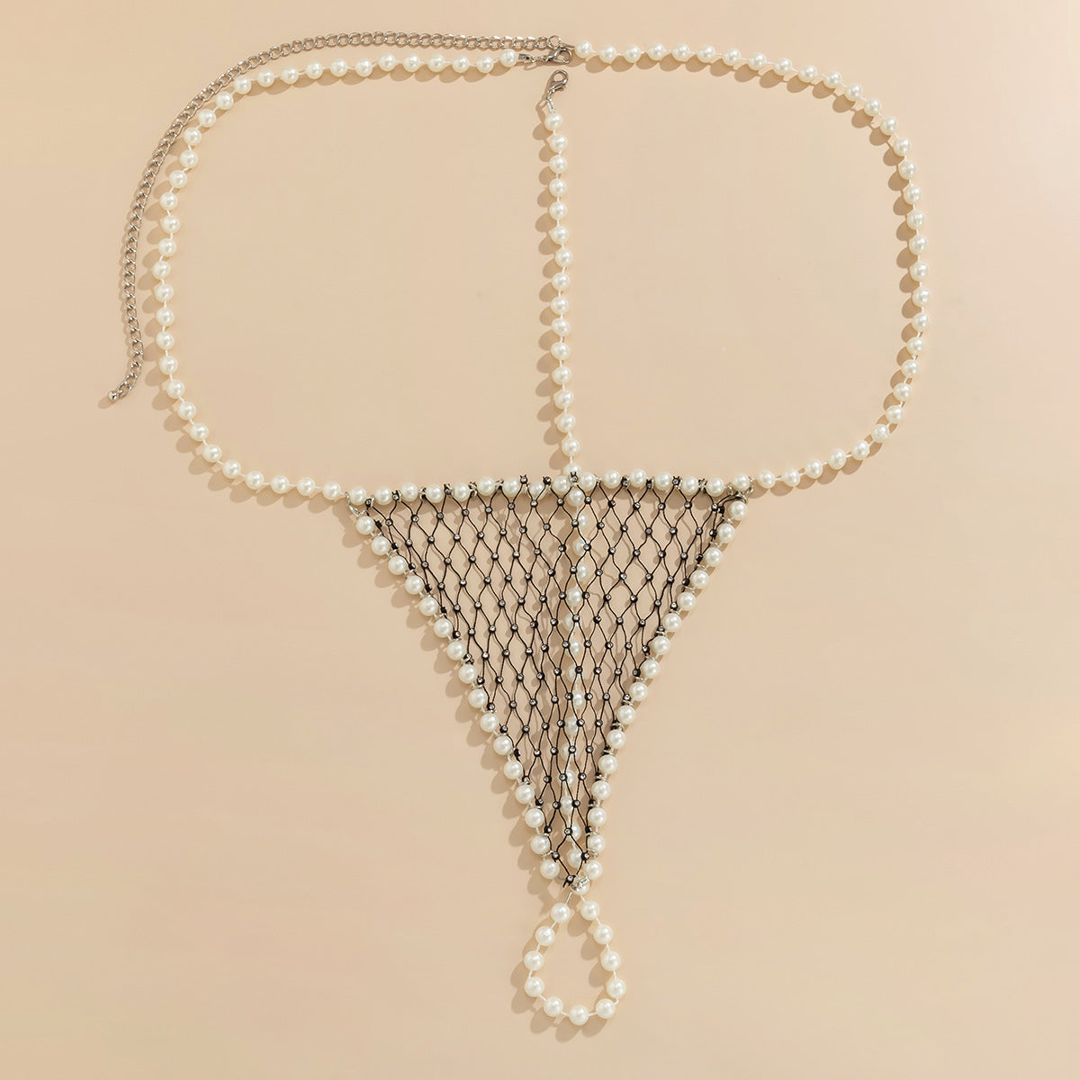 Women's sexy and simple imitation pearl woven chest chain set, new creative fishing net waist chain - Korvel
