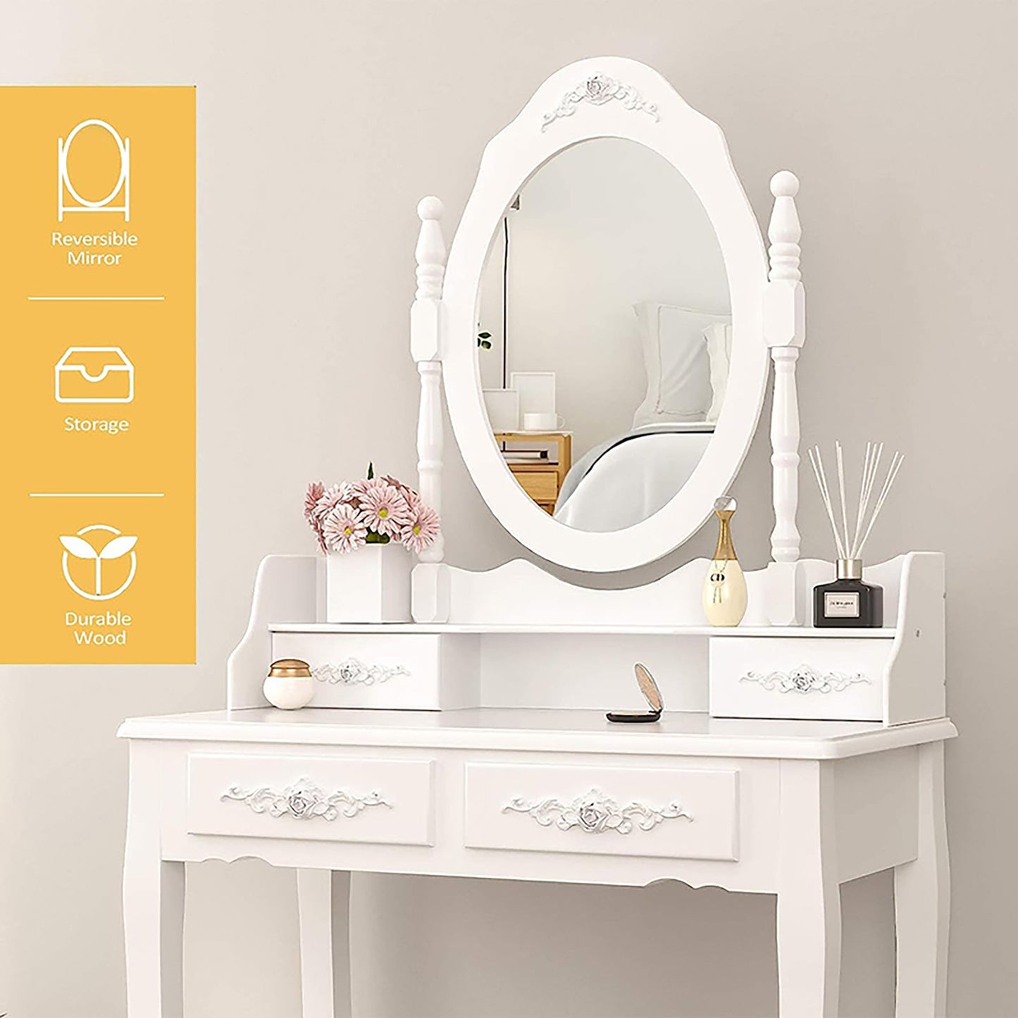 Vanity Table Set with 4 Drawer, Makeup Dressing Table w/Cushioned Stool, Girls Women Bedroom Furniture Set Oval Mirror - Korvel