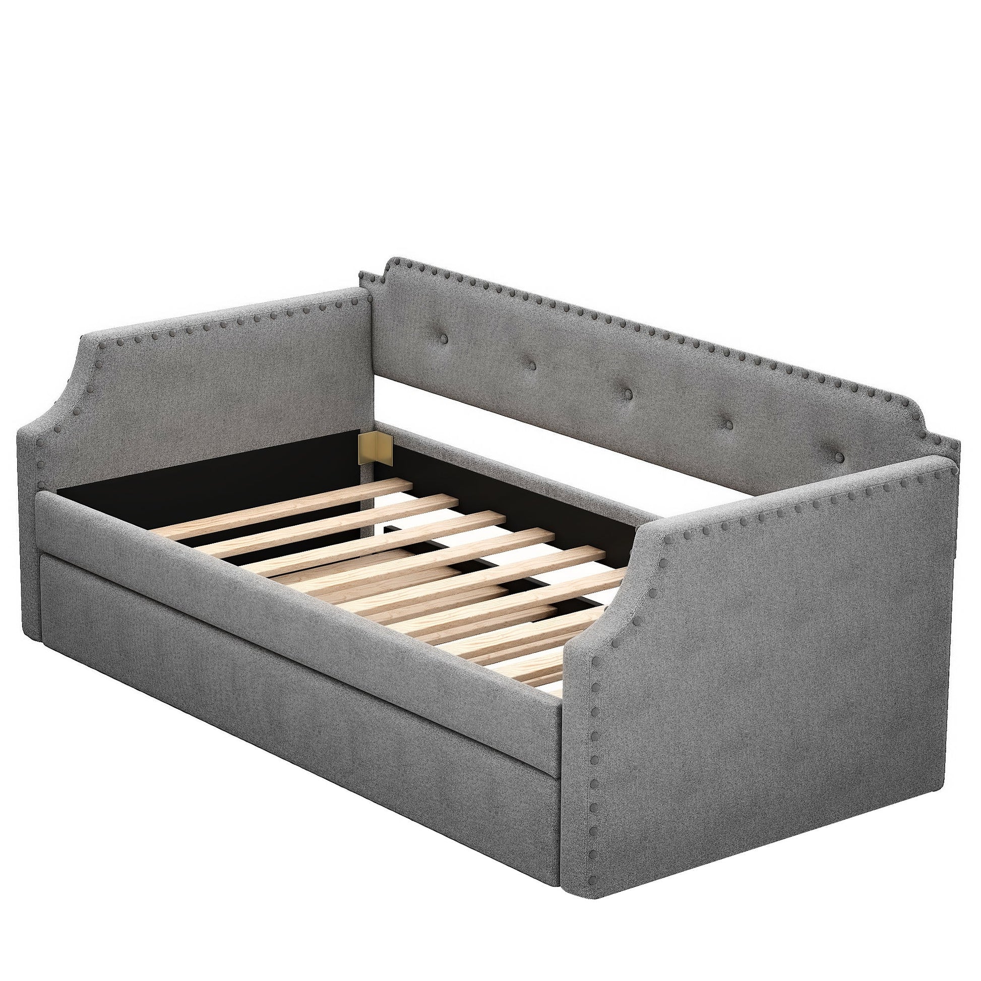 Upholstered Daybed with Trundle, Wood Slat Support,Upholstered Frame Sofa Bed   Twin Gray - Korvel