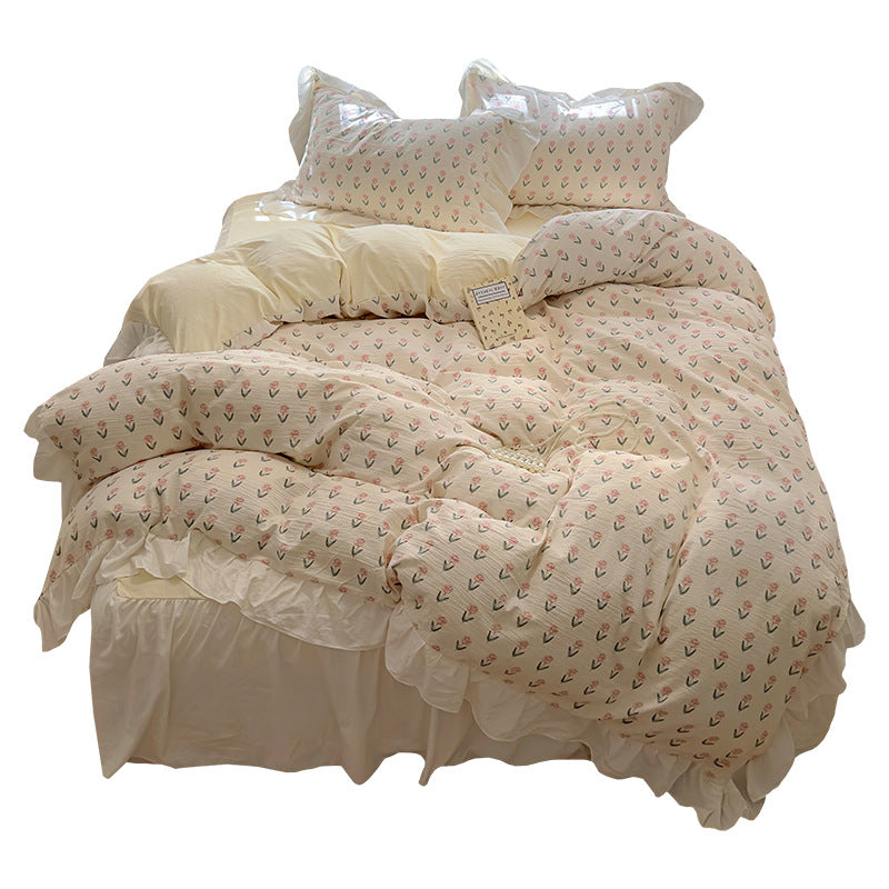 French Romantic Lace Washed Cotton Bed Sheet Set