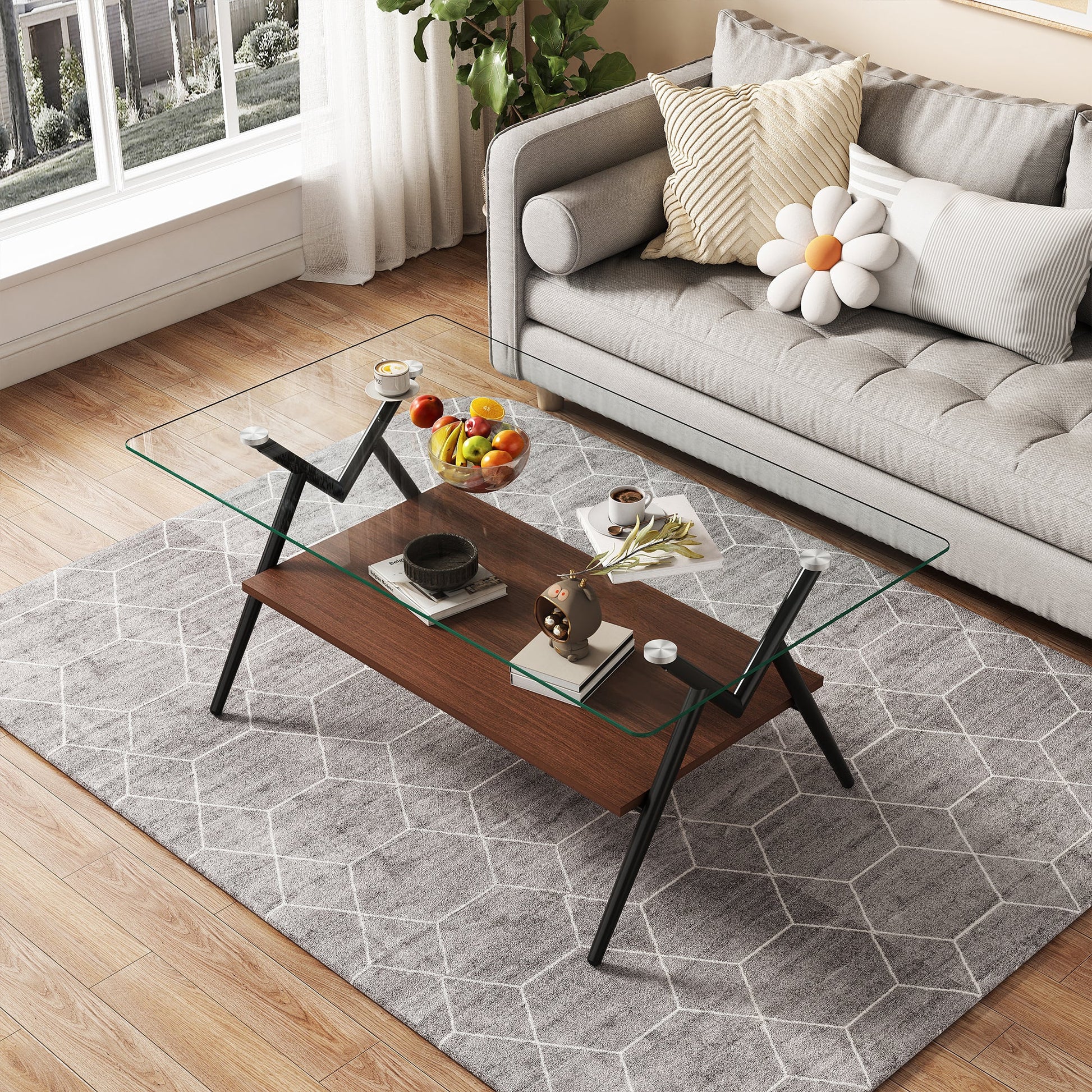 Rectangle Coffee Table with Tempered Glass top and Black Metal Legs, Modern Table for Living Room , Transparent Glass - Korvel