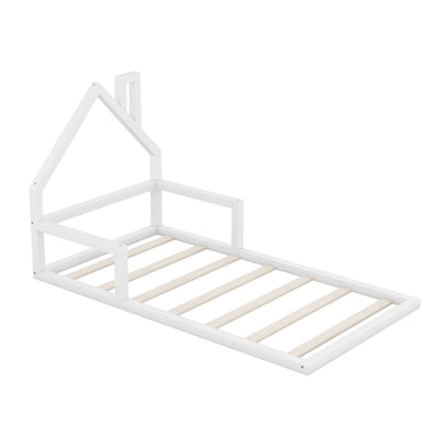 Twin Size Wood Floor Bed with House-shaped Headboard - White