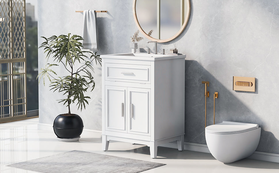 24" Bathroom Vanity with Sink, Bathroom Vanity Cabinet with One Flip Drawer and Doors, Solid Wood and MDF, White - Korvel