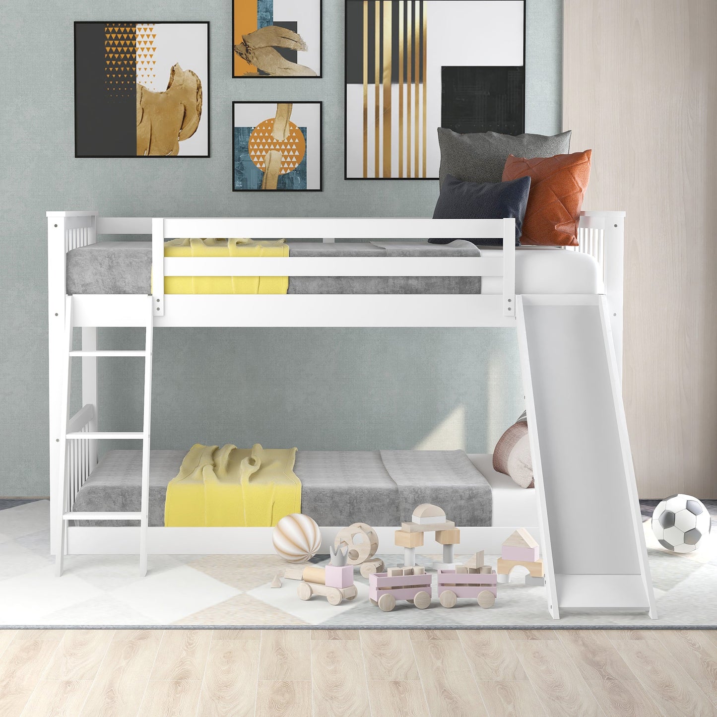 Twin Over Twin Bunk Bed with Convertible Slide and Ladder - White
