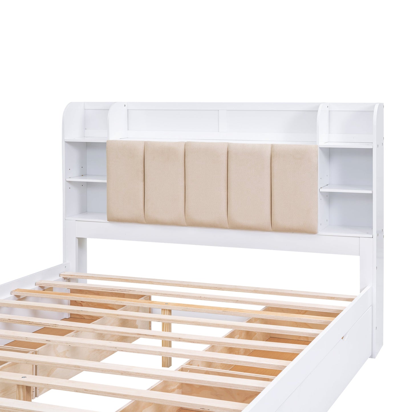 Wood Queen Size Platform Bed with Storage Headboard  Shelves and 4 Drawers  White - Korvel