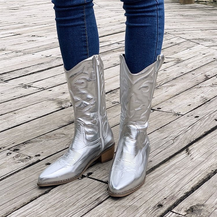 Bottes western à talon épais et bout pointu pour femmes