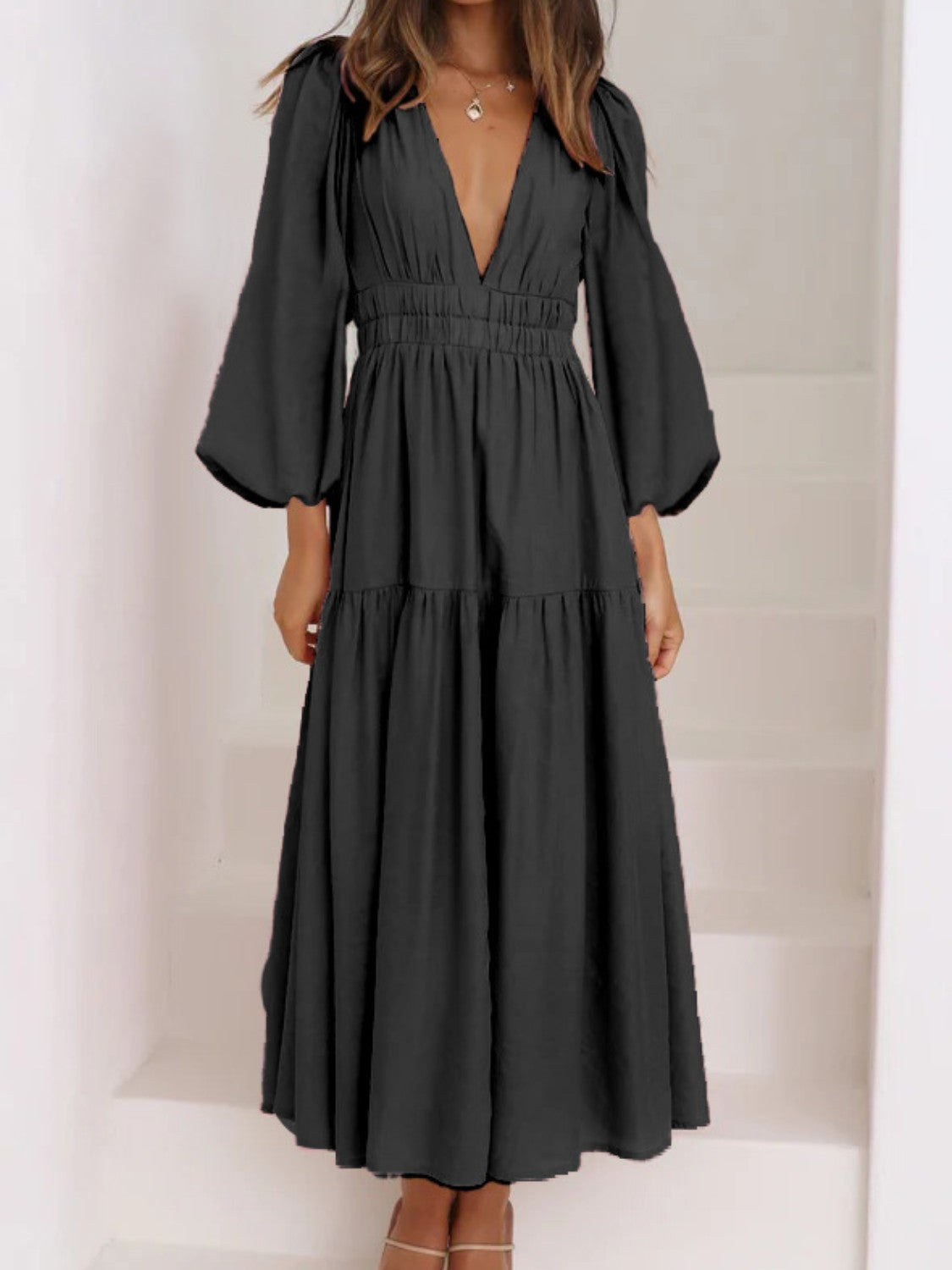 Elegant Lightweight Deep V-Neck Balloon Sleeve Maxi Dress
