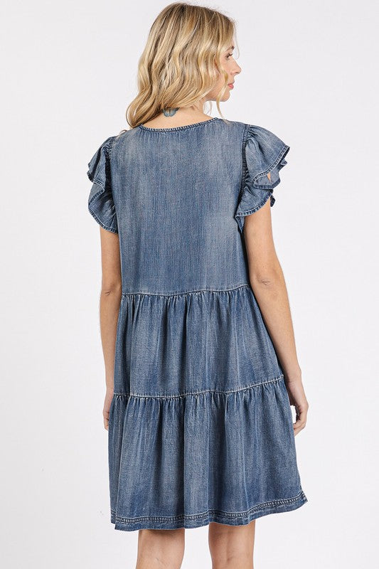 Vestido Mini de Manga Corta con Volantes y Escote en V para Mujeres