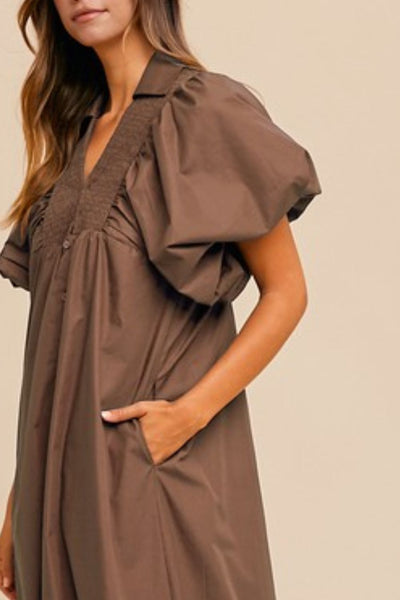 Smocked Puff Sleeve Midi Dress – Elegant and Versatile