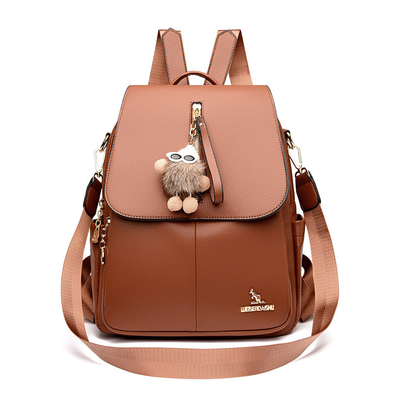 Sac à dos en cuir véritable avec pendentif pour étudiantes