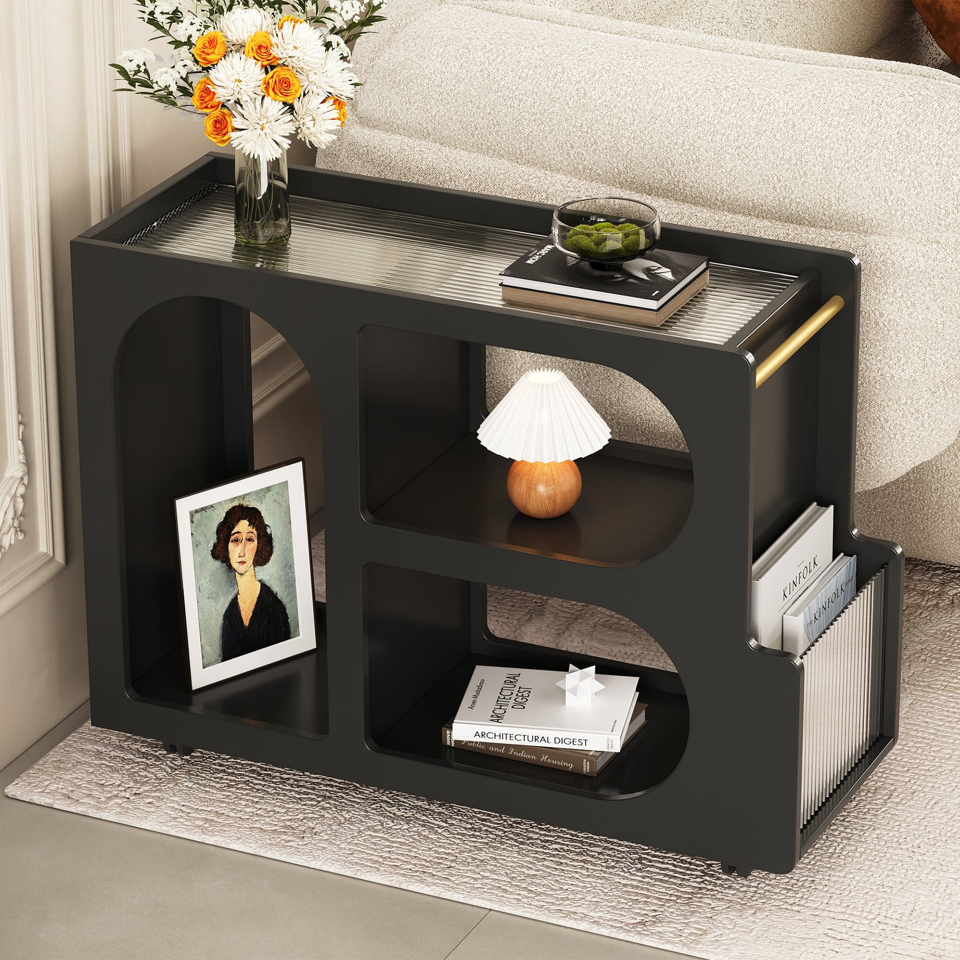 Stylish mobile desk with lockable wheels,bedside table with 5mm thick grooved tempered glass and gold round bars ，black - Korvel