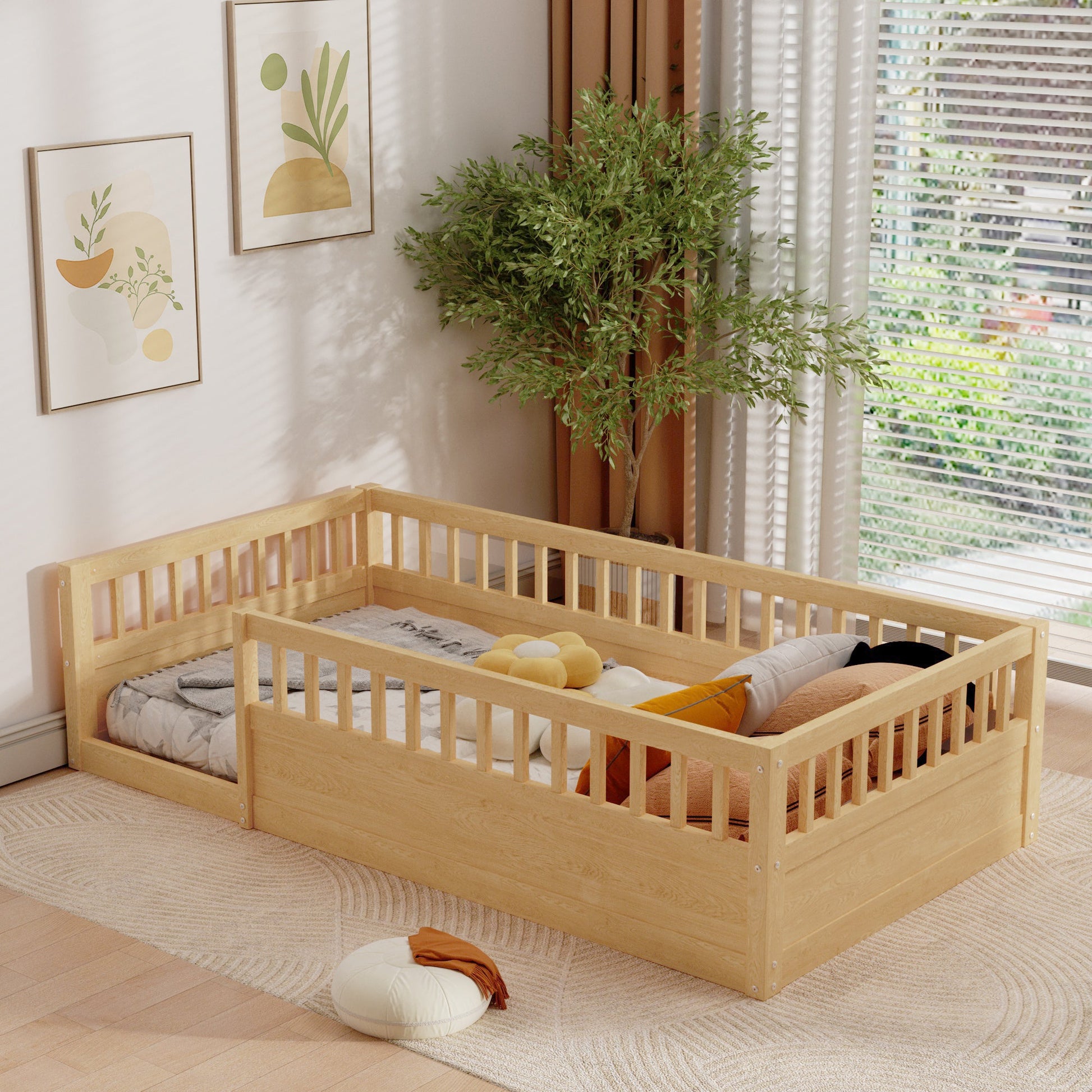 Twin Floor Bed Frame with Fence, Wood Kids Floor Beds Frame for Bedroom Playroom,Natural - Korvel
