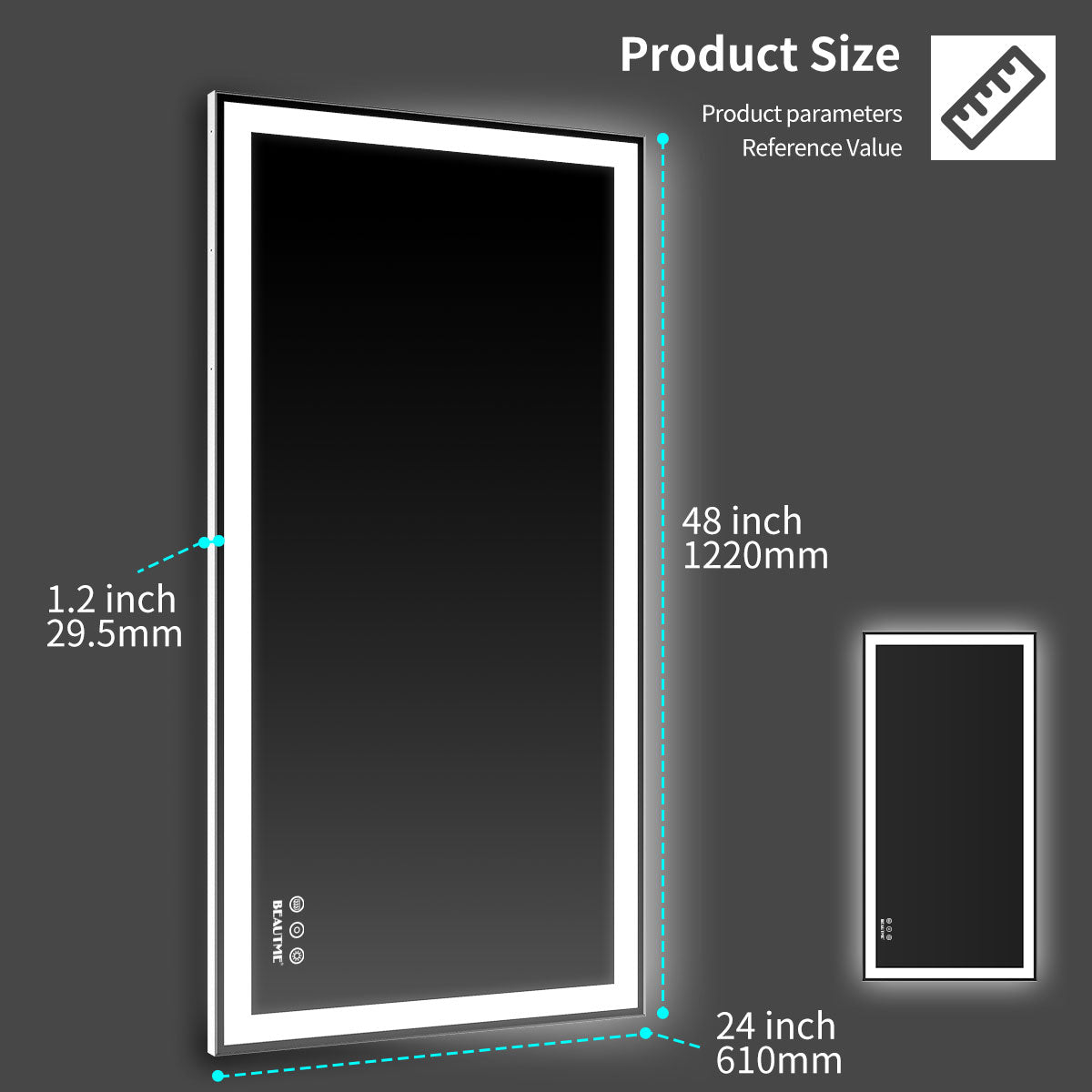 48x24 inch LED bathroom makeup mirror wall mounted adjustable light anti fog touch switch with memory intelligent large bathroom - Korvel