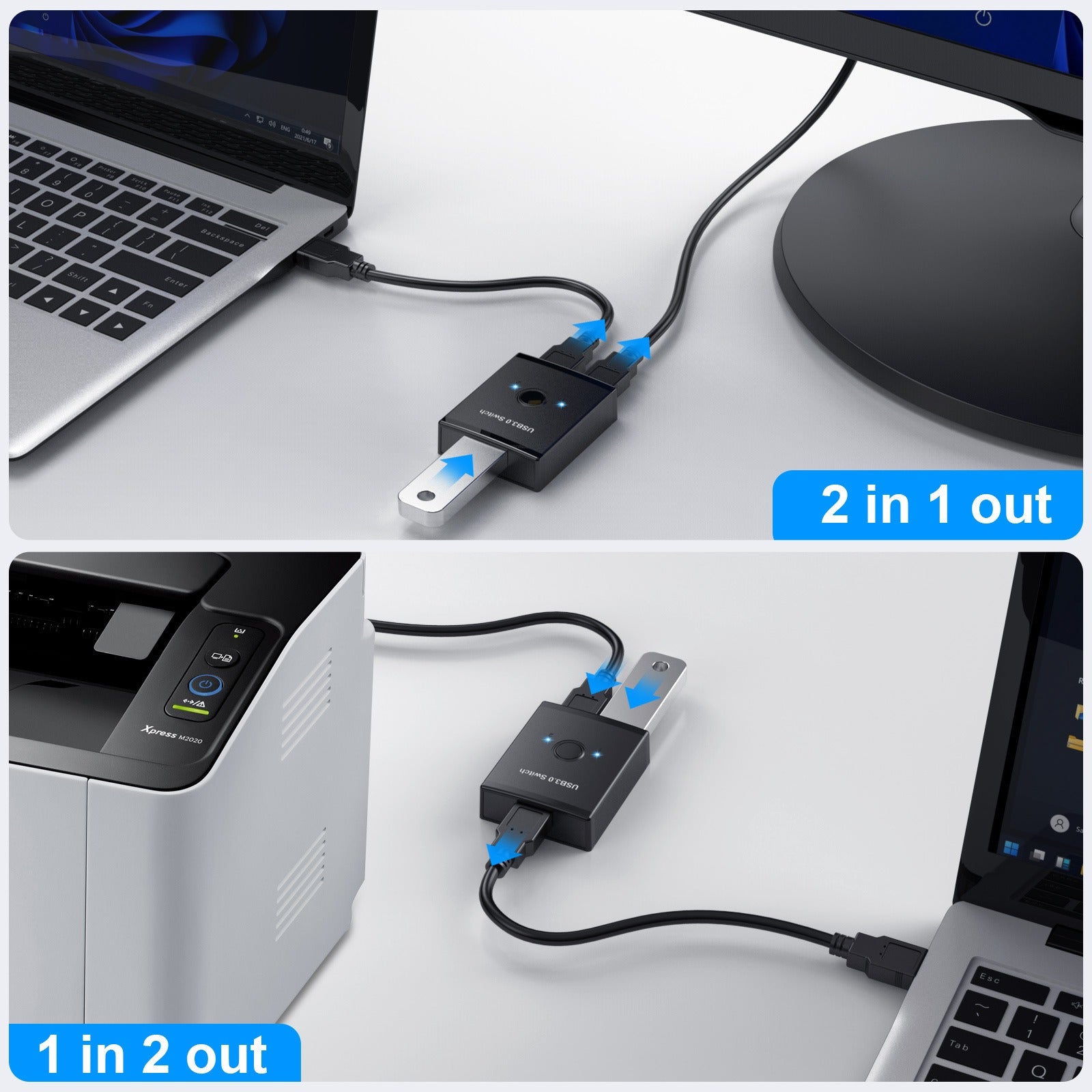 USB 3.0 Bidirectional Switcher Private Mode 2-in-1/1-in-2-in-1/2-in-1 Printer Sharer Distributor - Korvel