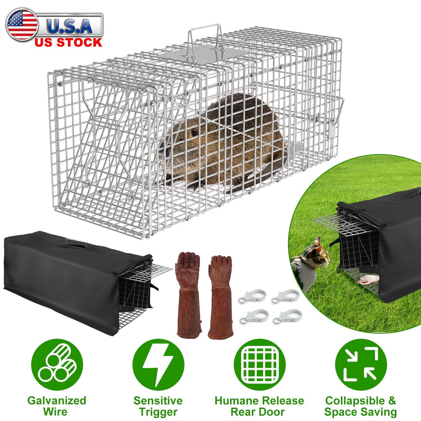 Humane Live Cat Trap Cage with Waterproof Cover