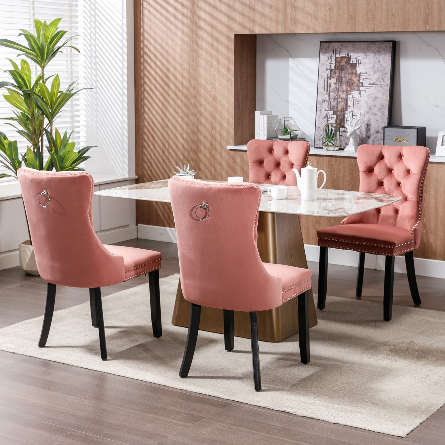 High-end Tufted Solid Wood Contemporary Velvet Upholstered Dining Chair with Wood Legs Nailhead Trim 2-Pcs Set Pink - Korvel