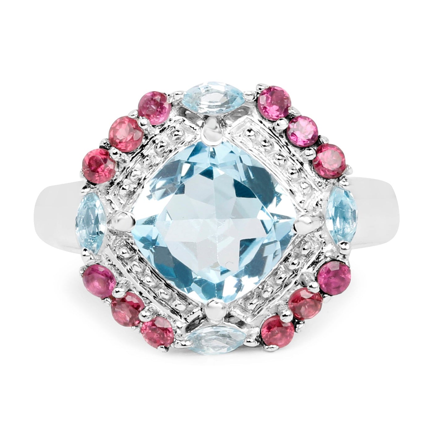 Bague en argent sterling avec topaze bleue et rhodolite de 4,73 carats