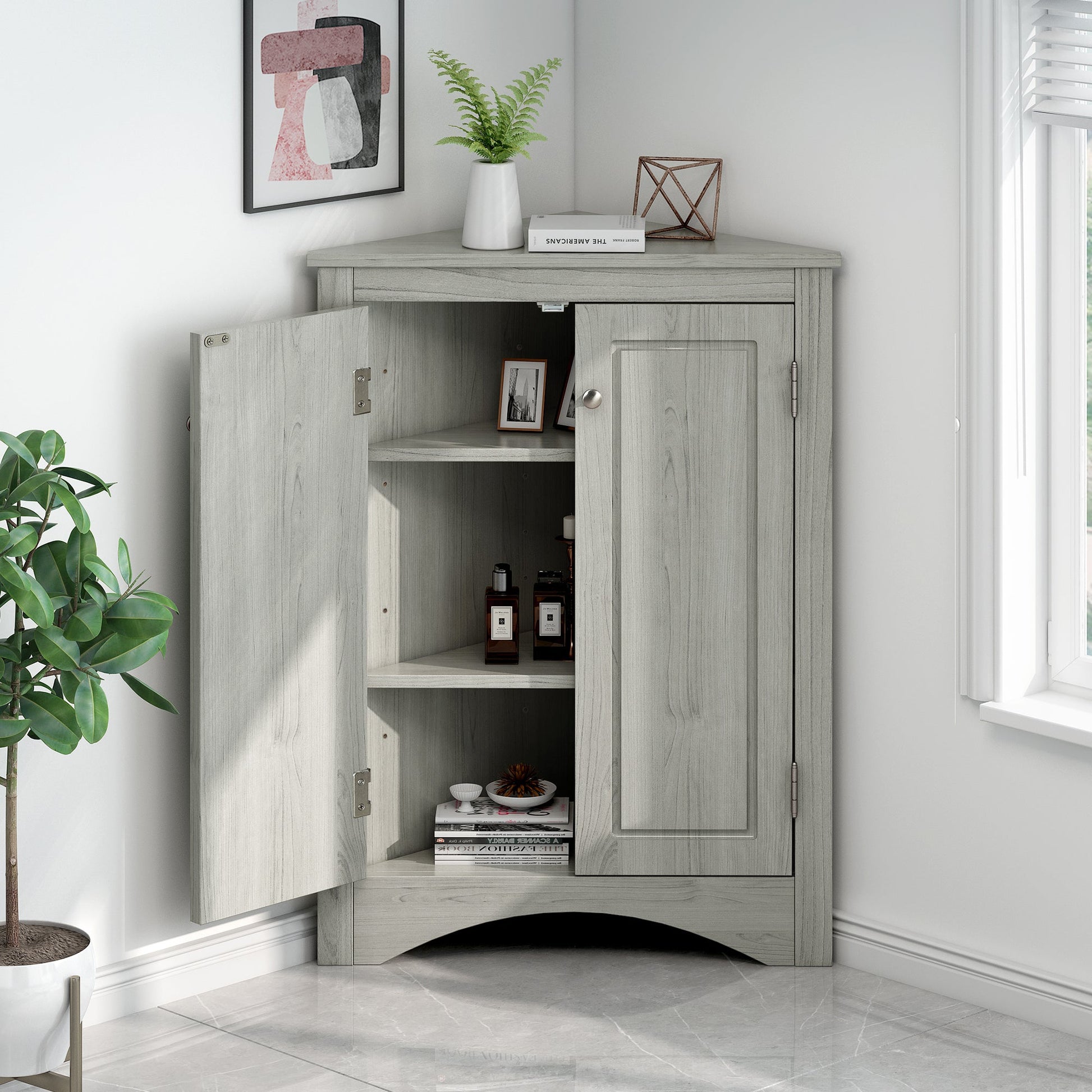 Oak Triangle Bathroom Storage Cabinet with Adjustable Shelves, Freestanding Floor Cabinet for Home Kitchen - Korvel