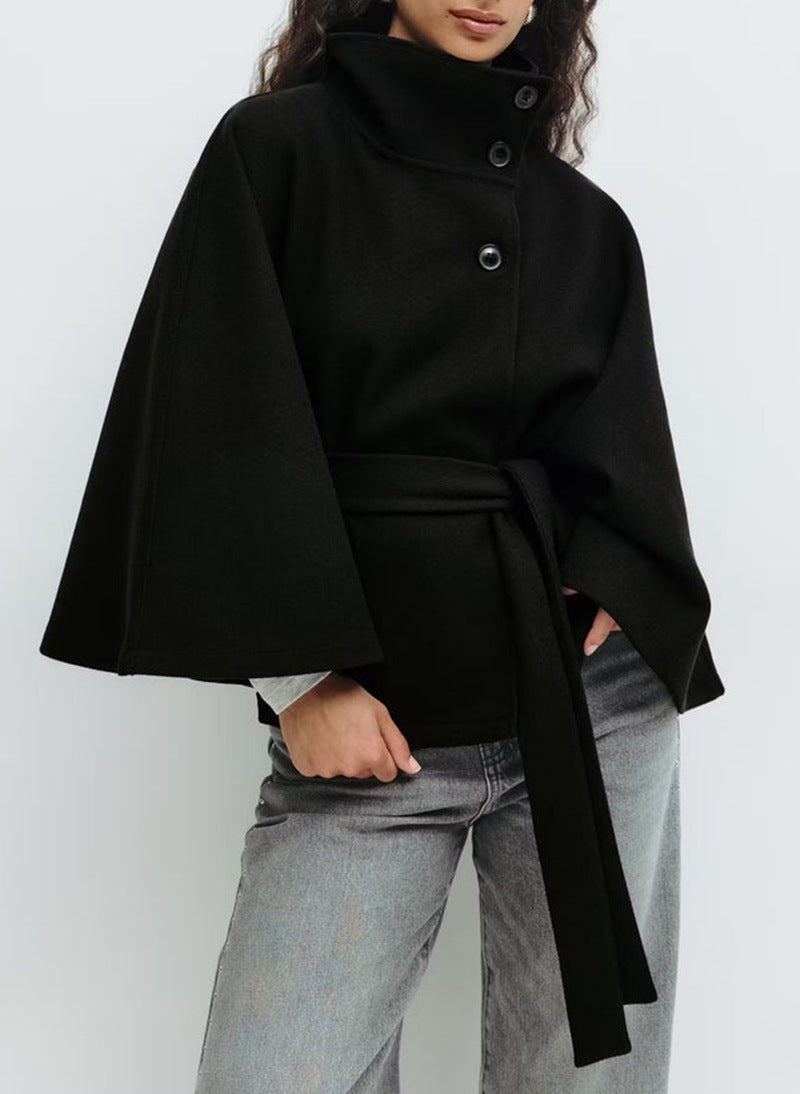 Manteau Trench Élégant d'Hiver à Col Montant et Manches Chauve-Souris pour Femmes