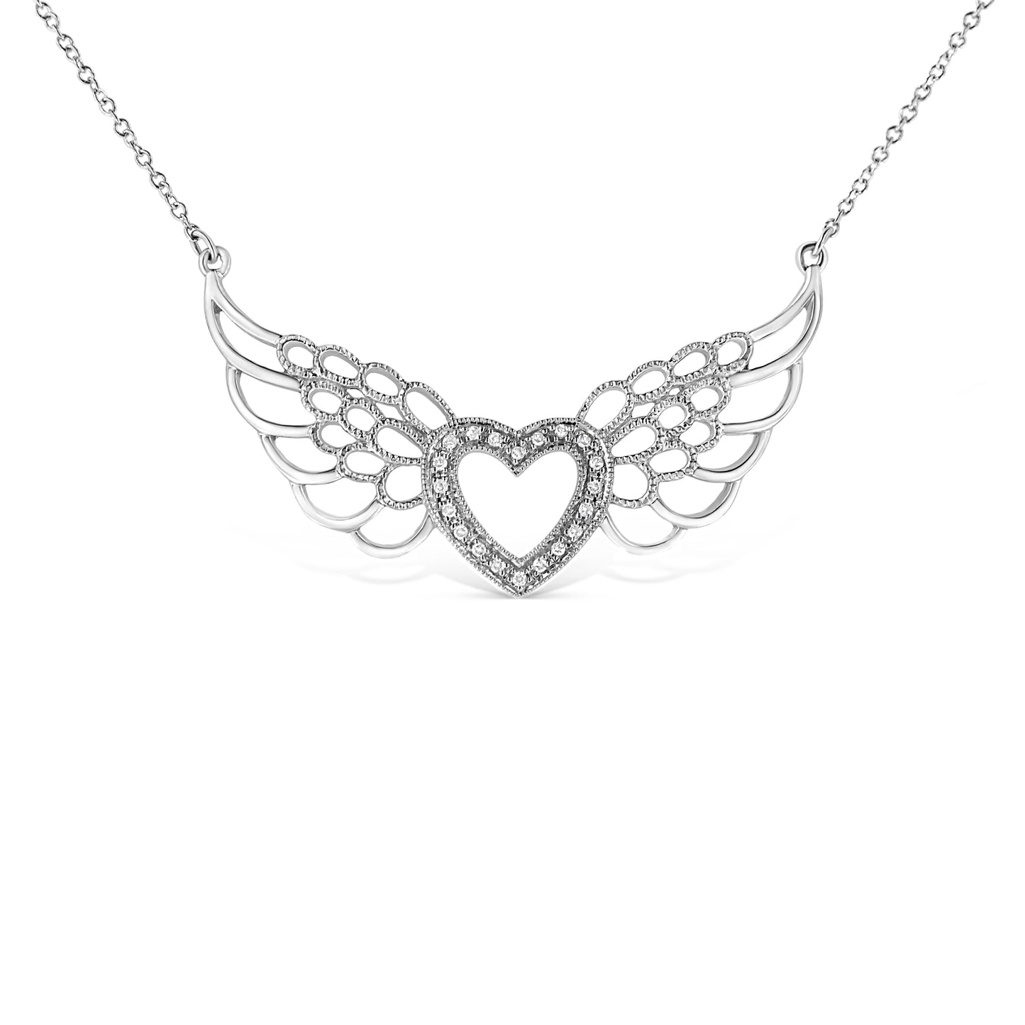 Collar de colgante en forma de corazón con alas de hada y diamantes en pavé de plata esterlina .925