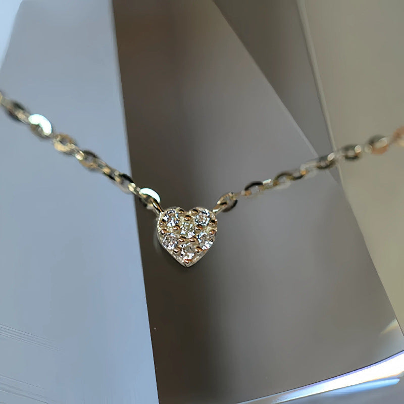 S925 pure silver plated with 14K gold mini heart necklace women's diamond studded peach heart extremely fine collarbone chain ﻿ - Korvel