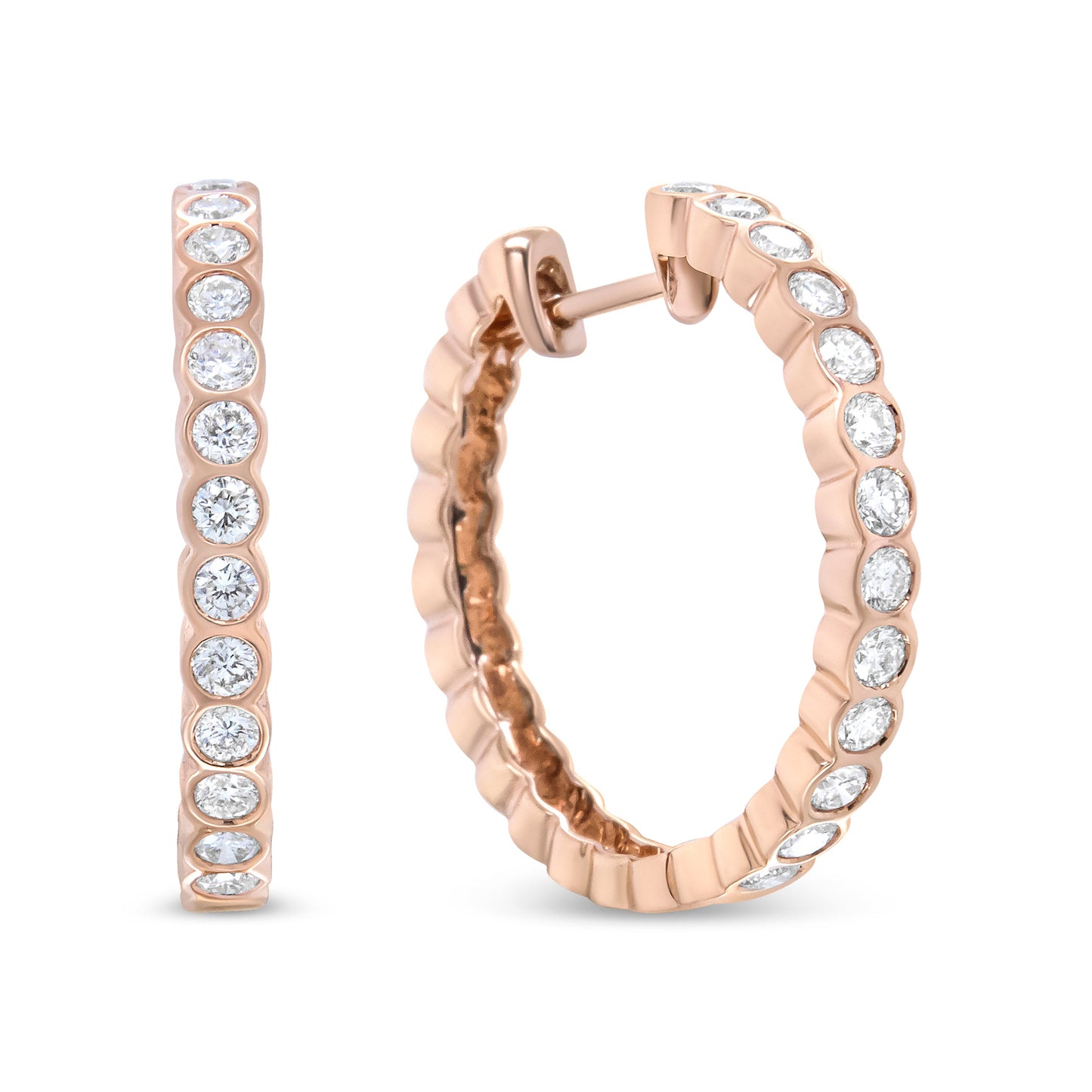 18K Rose Gold Diamond Hoop Earrings - 1 Cttw