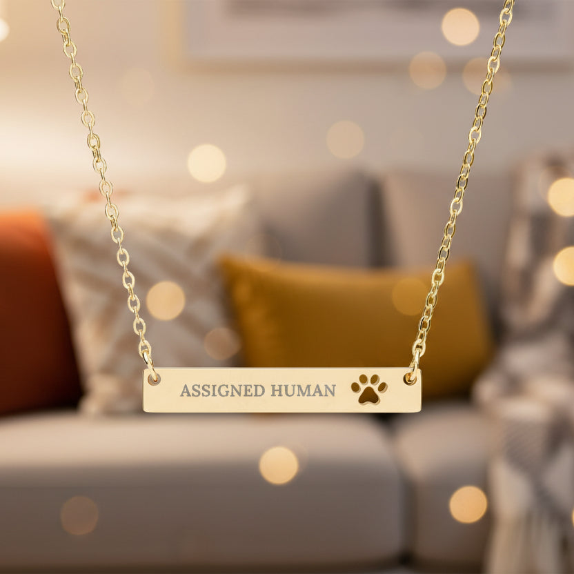 Assigned Human Bar Necklace | Engraved Cat Love Jewelry