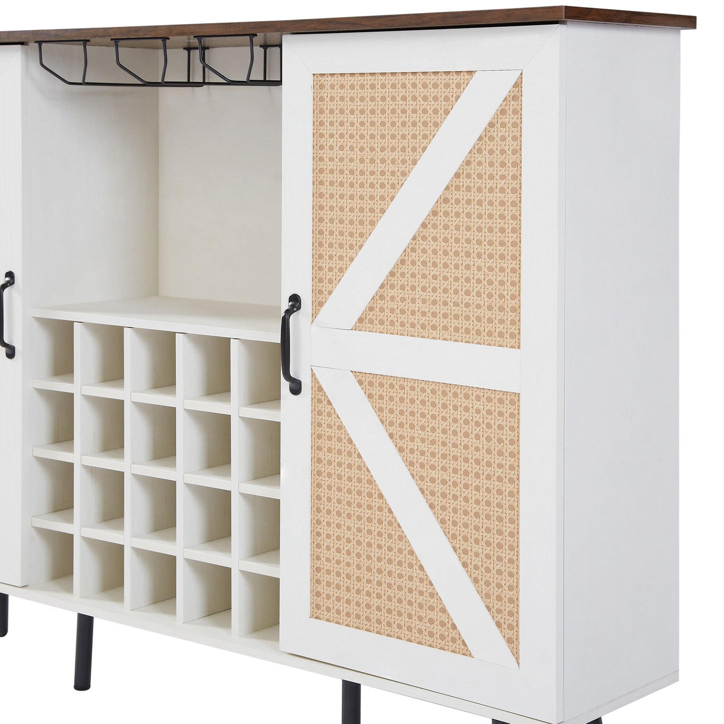 White Faux Rattan Barn Door Wine Cabinet with Wine Rack and Wine Glass Rack, Double Door Design with Removable Shelves - Korvel