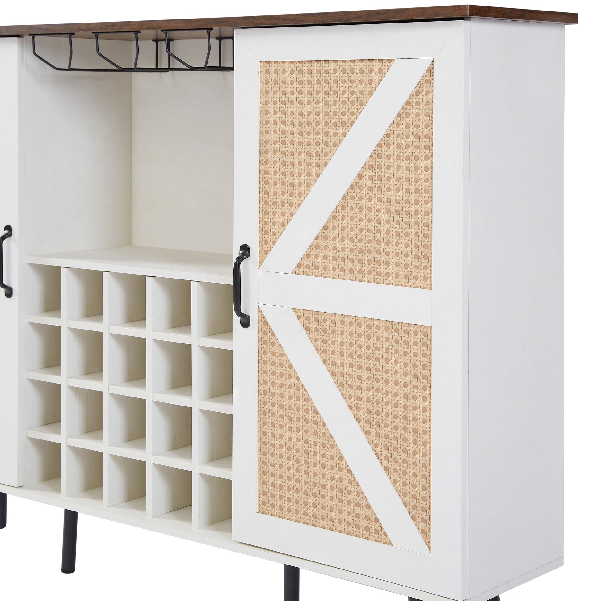 White Faux Rattan Barn Door Wine Cabinet with Wine Rack and Wine Glass Rack, Double Door Design with Removable Shelves - Korvel