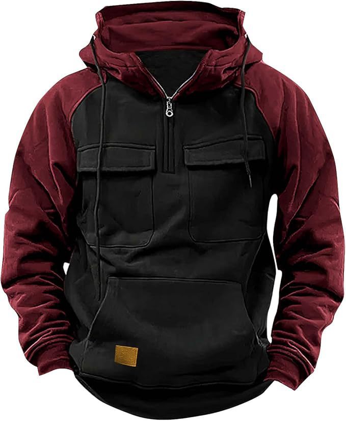Men's Retro Cargo Hoodie with Half Zipper and Pockets