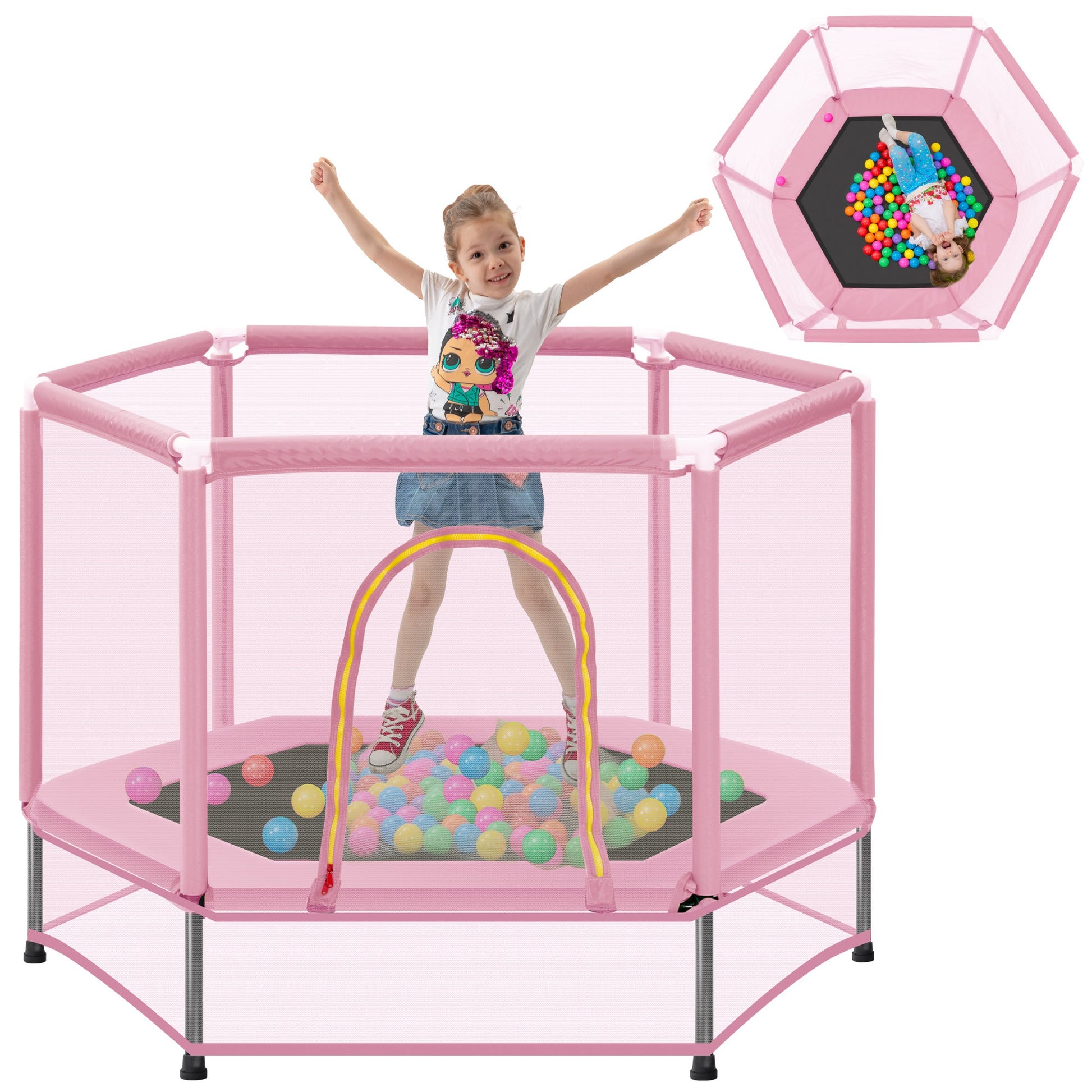 55'' Toddlers Trampoline with Safety Enclosure Net and Balls, Indoor Outdoor Mini Trampoline for Kids - Korvel