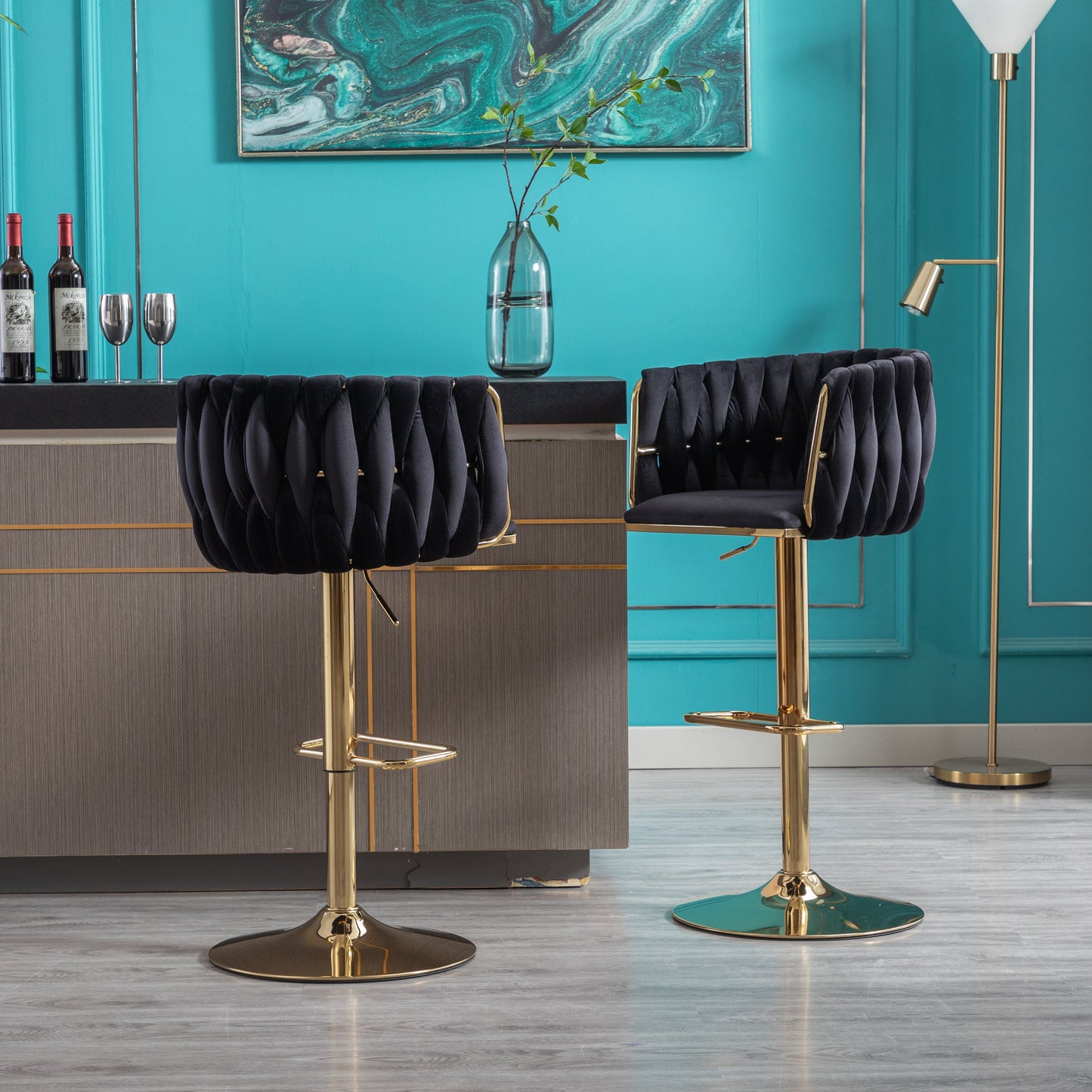 Set of 2 Adjustable Bar Stools with Chrome Footrest - Black Velvet