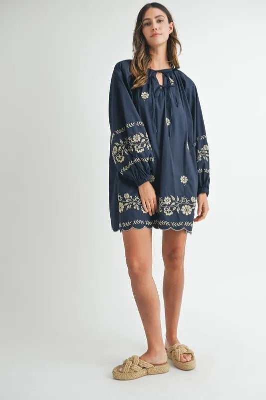 Embroidered Long Sleeve Peasant Mini Dress for Women