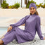 Cap, Drawstring Mock Neck Long Sleeve Top and Pants Swim Set - Korvel
