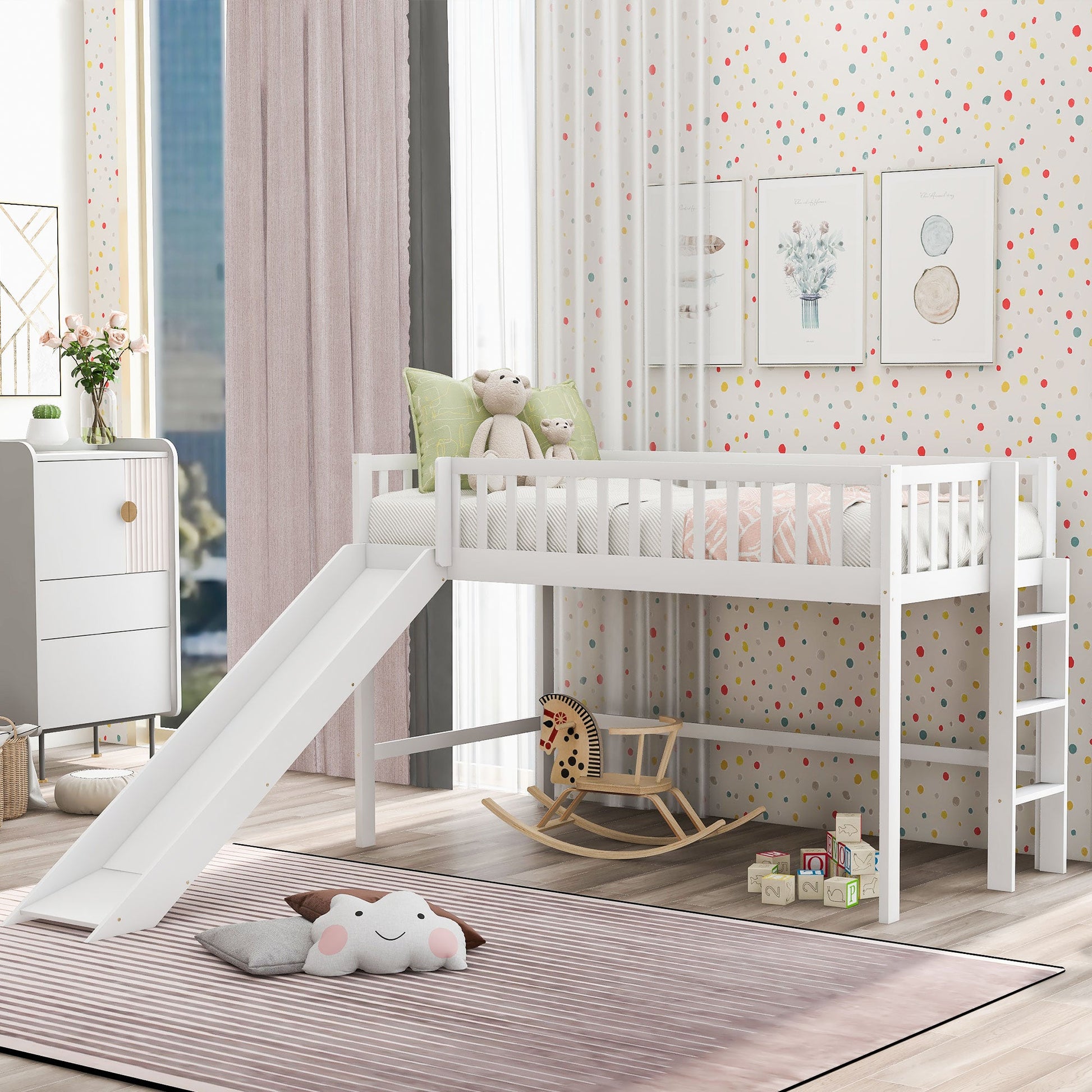 Twin Size Low Loft Bed with Ladder and Slide White - Korvel